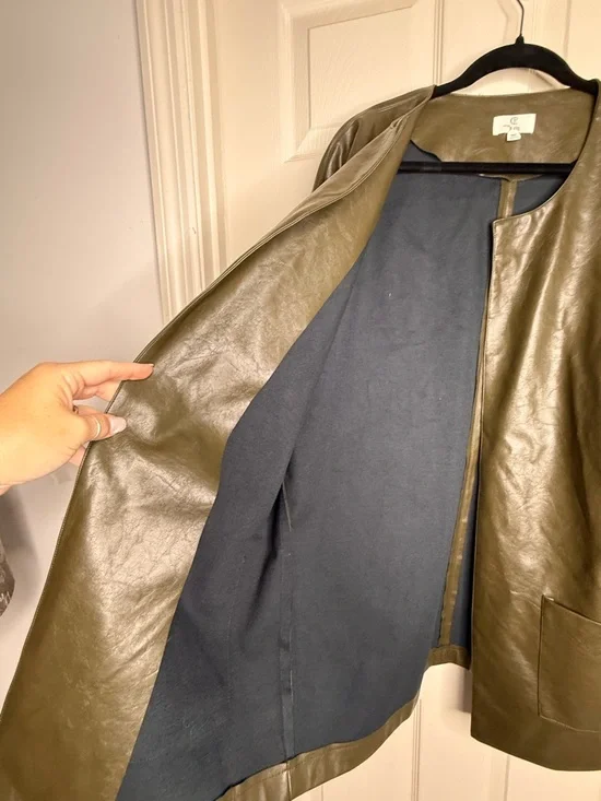Olive Faux Leather Jacket Women M/L Open Front Lightweight Chic Rare by p. Cill - Picture 6 of 10